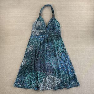 Blue Teal Purple Paisley Halter Resort Cruise Tropical Beach Vacation Dress Sz S